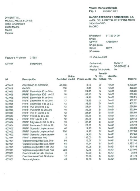 El contrato de servicios en el que se detalla las condiciones fijadas por Madrid Espacios a la empresa Diviertt S.L.