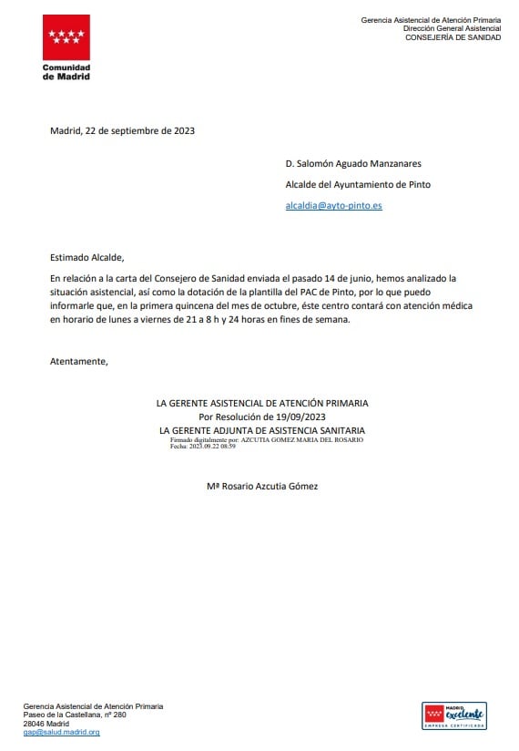 Carta de la Consejería de Sanidad en la que se anuncia la recuperación del médico en las urgencias del centro de salud