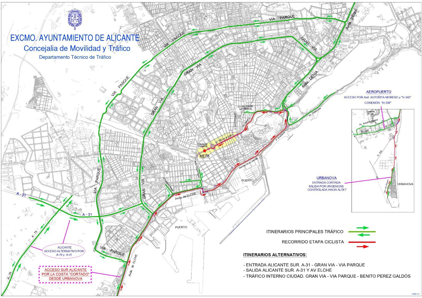 Mapa de Alicante con el itinerario ciclista y las alternativas que se plantean para los conductores