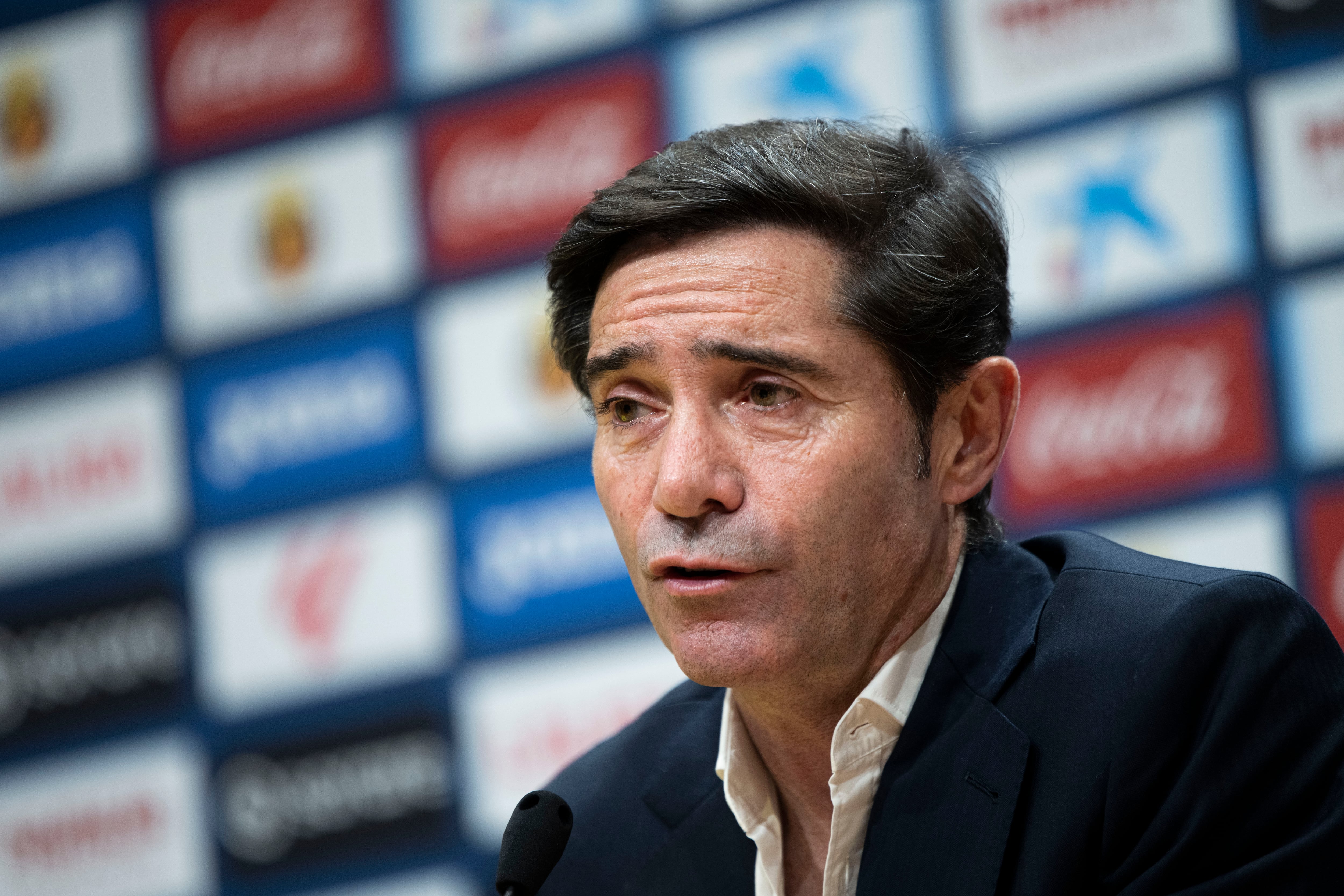 VILLARREAL, 14/11/2023.- El nuevo entrenador del Villarreal, Marcelino García Toral, ofrece una rueda de prensa durante su presentación, este martes, en el estadio de la Cerámica tras firmar con el club hasta junio de 2026. EFE/ Andreu Esteban
