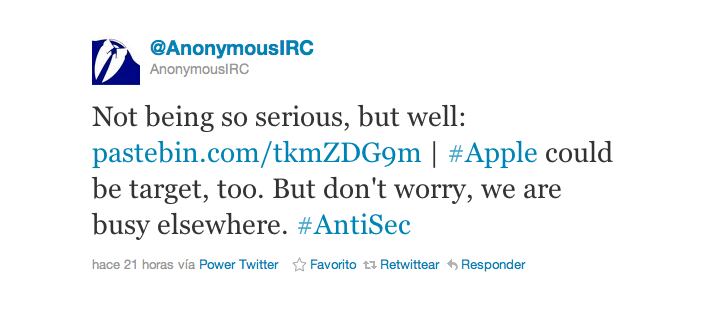 El grupo &#039;AntiSec&#039; ha anunciado su &quot;logro&quot; a través de Twitter