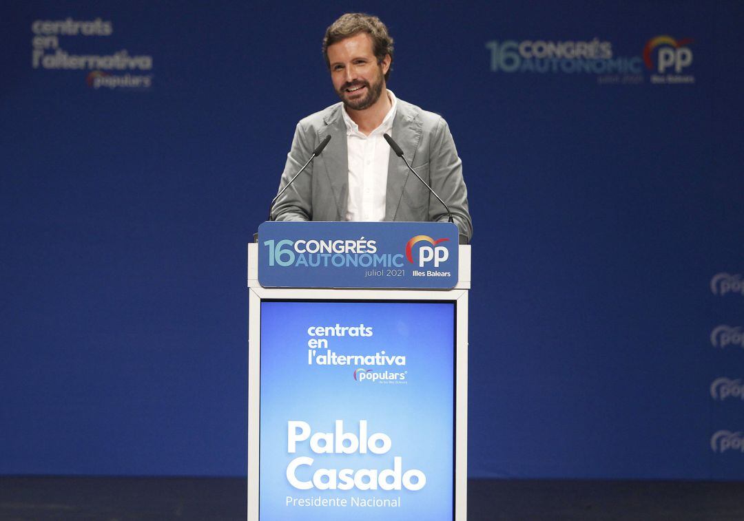 El presidente del PP, Pablo Casado, durante el XIV congreso del PP de Baleares, a 24 de julio de 2021, en Mallorca, Islas Baleares (España).