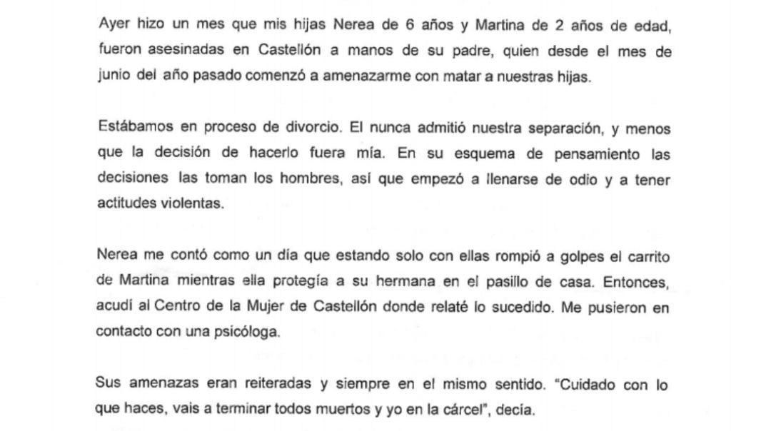 Accede aquí a la carta escrita por Itziar Prats, madre de las dos niñas asesinadas por su padre