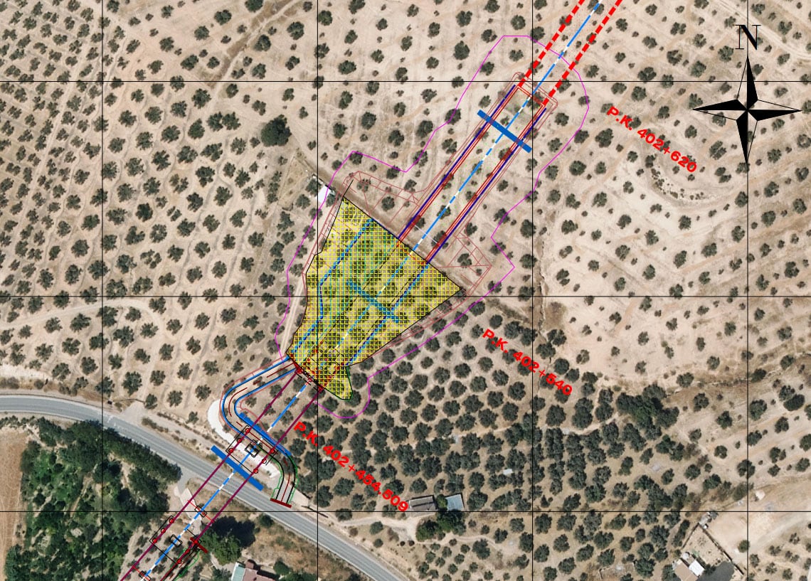 Mapa de posibles afecciones a la Villa Romana de Salar (Granada) del viaducto de la Variante de Loja en las obras del AVE