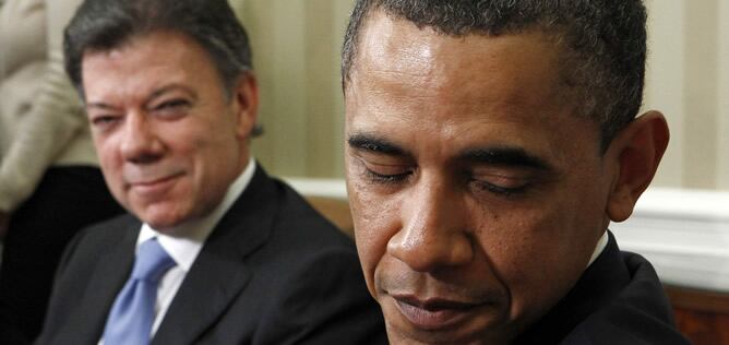 Juan Manuel Santos junto al presidente de EEUU, Barack Obama, este jueves en Washington