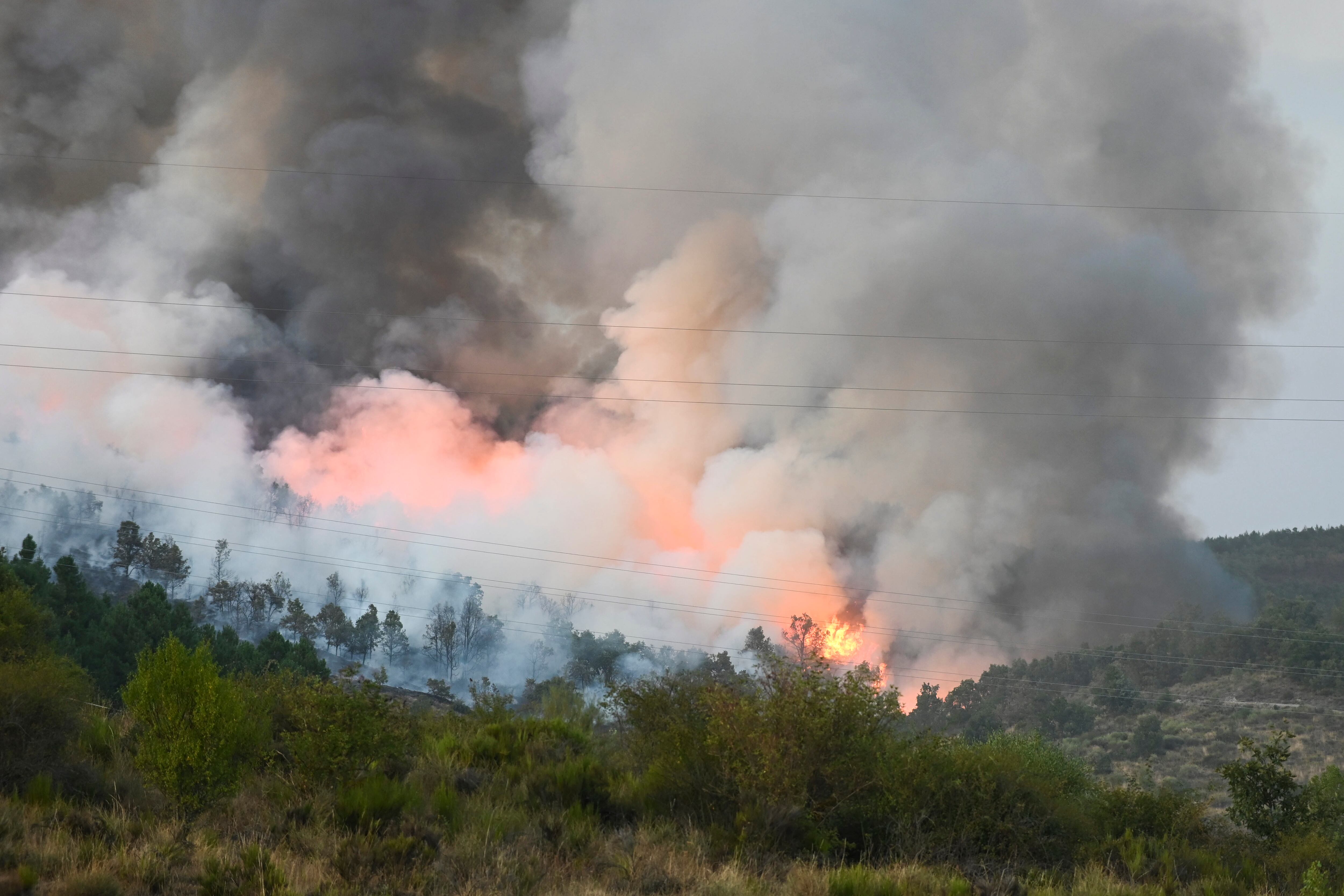LEÓN, 25/08/2025.- Incendio en las inmediaciones de la localidad de La Magdalena, este lunes. EFE/ J.Casares
