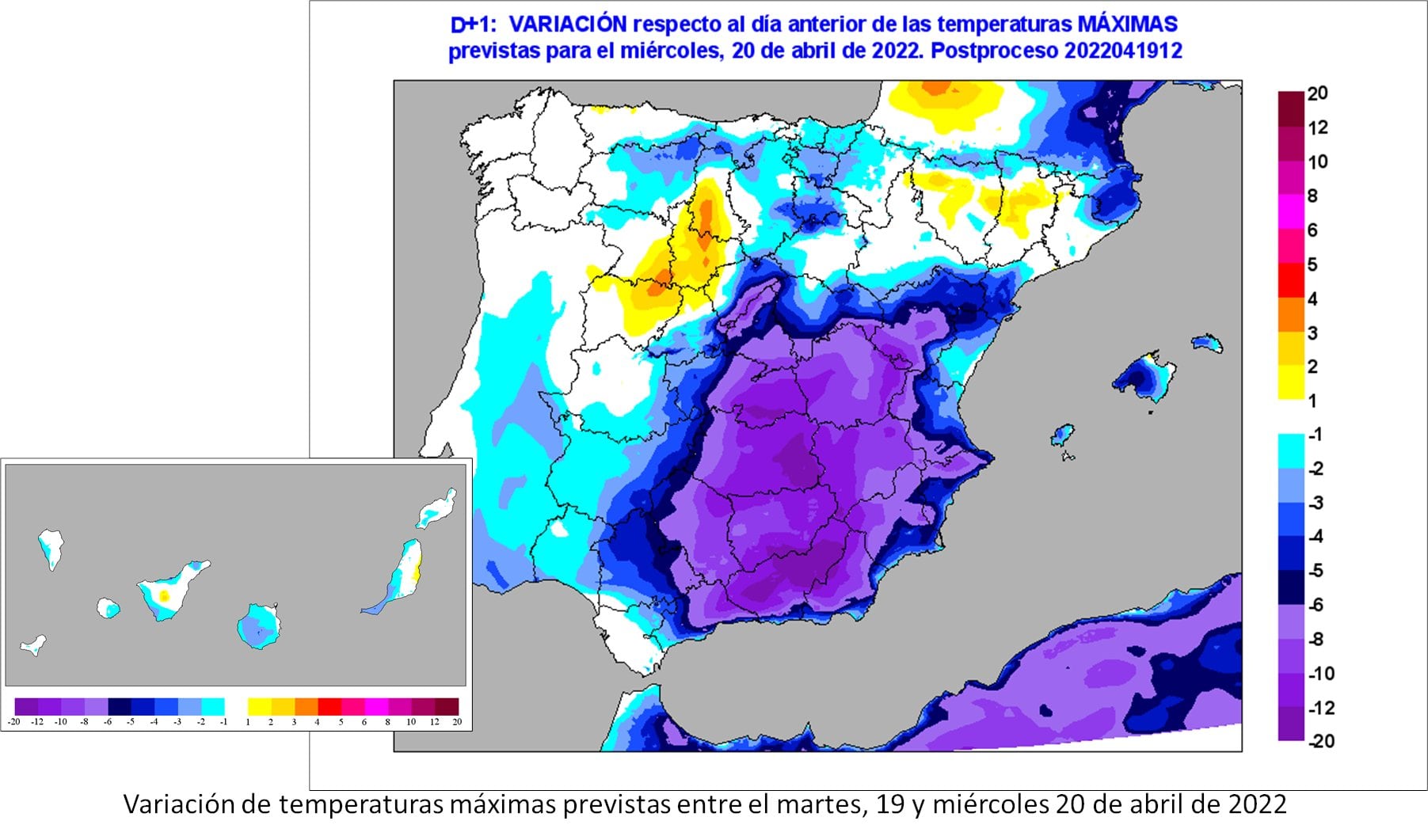 Mapa de variación térmica. En zonas del cuadrante sudeste se registran hoy temperaturas de diez grados menos que ayer.