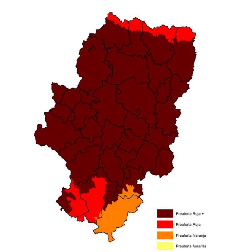 Mapa del nivel de prealerta de incendios forestales en Aragón correspondiente al 25 de agosto de 2016