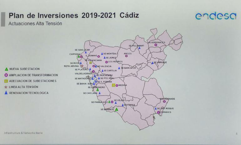 Mapa de actuaciones de Endesa en la provincia de Cádiz 2019-2021