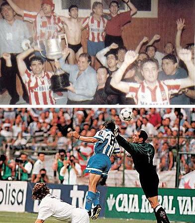 Arriba, la celebración en la Copa del 91 con el Atlético. Abajo, el gol a Zubizarreta con el Deportivo, que supuso la Copa del 95.