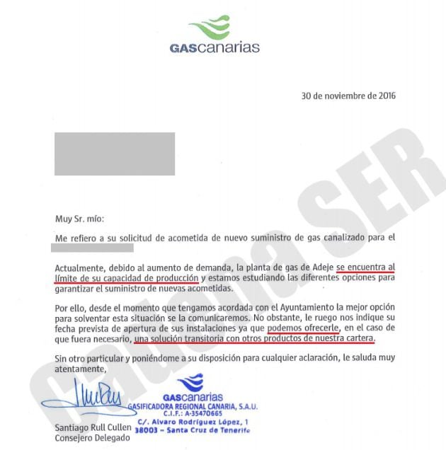 Carta enviada por Gas Canarias