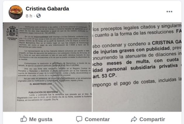 Publicación del Facebook de la diputada de Ciudadanos en Les Corts por Castellón, Cristina Gabarda, con parte de la sentencia por la que fue condenada por un delito de injurias graves con contra el presidente del PP en la provincia de Castellón, Miguel Barrachina.