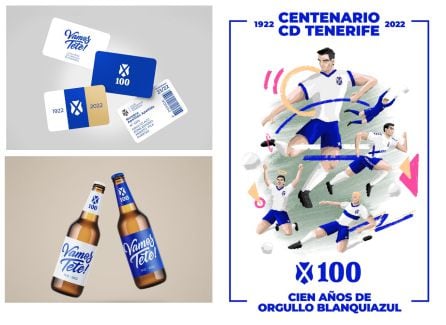 Propuesta de IRÜBI para los abonos de la temporada venidera, cervezas con el logotipo del Centenario que planteaba este estudio y cartel anunciador que se ofrecía para lucir en la fachada del Heliodoro Rodríguez López.