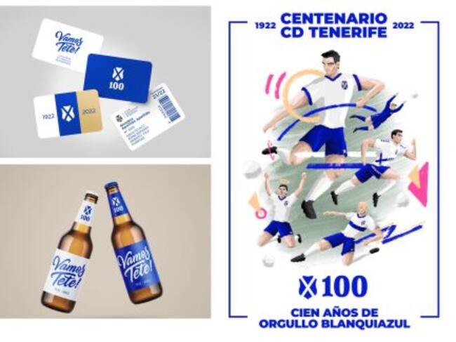 Propuesta de IRÜBI para los abonos de la temporada venidera, cervezas con el logotipo del Centenario que planteaba este estudio y cartel anunciador que se ofrecía para lucir en la fachada del Heliodoro Rodríguez López.