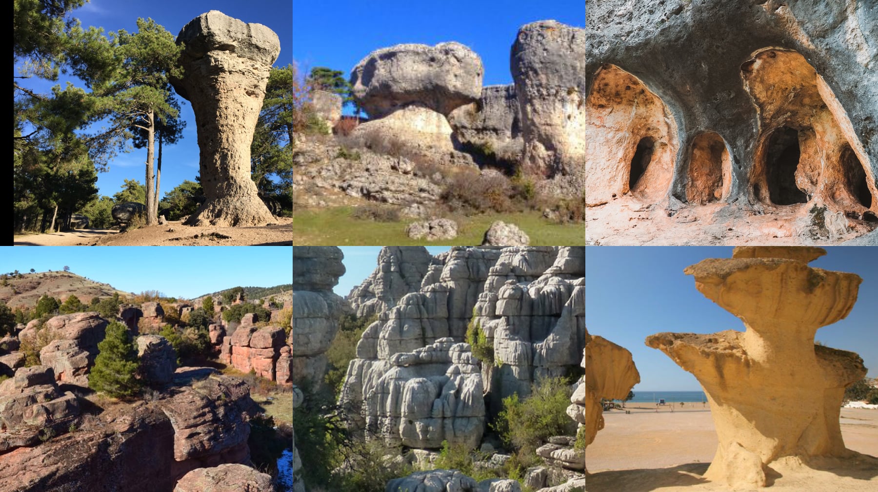 Ciudad Encanta de Cuenca. Los Callejones de Las Majadas (Cuenca). Tormagal (Guadalajara). Chequilla (Guadalajara). Torcal de Antequera (Málaga). Bolnuevo (Murcia).