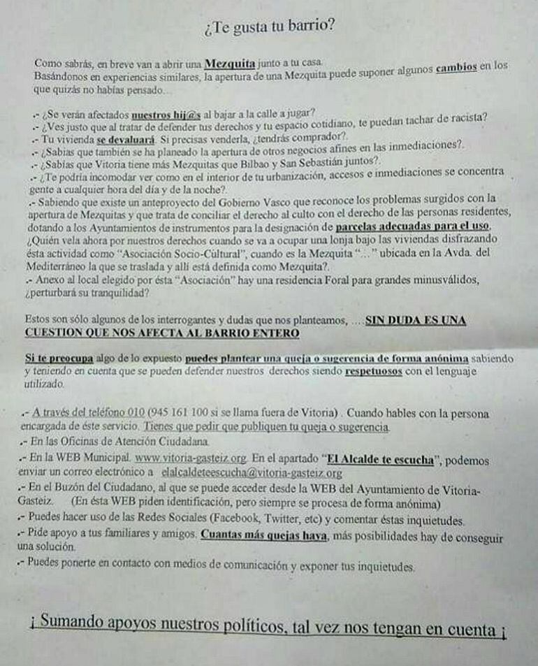 Carta buzoneada a los vecino de Zabalgana en Vitoria