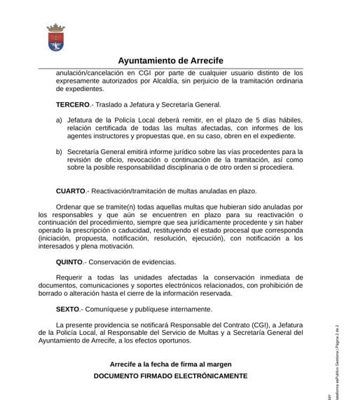 Providencia del alcalde de Arrecife por la investigación sobre anulación de multas.