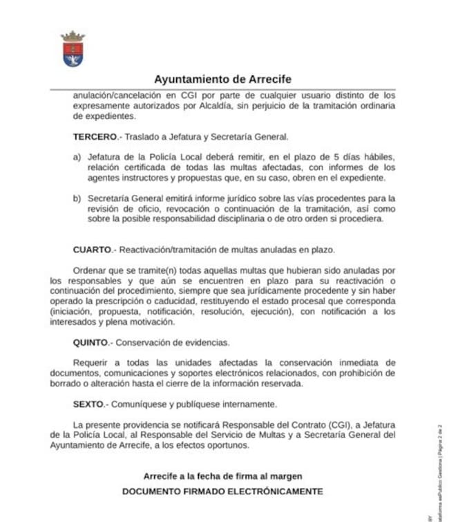Providencia del alcalde de Arrecife por la investigación sobre anulación de multas.