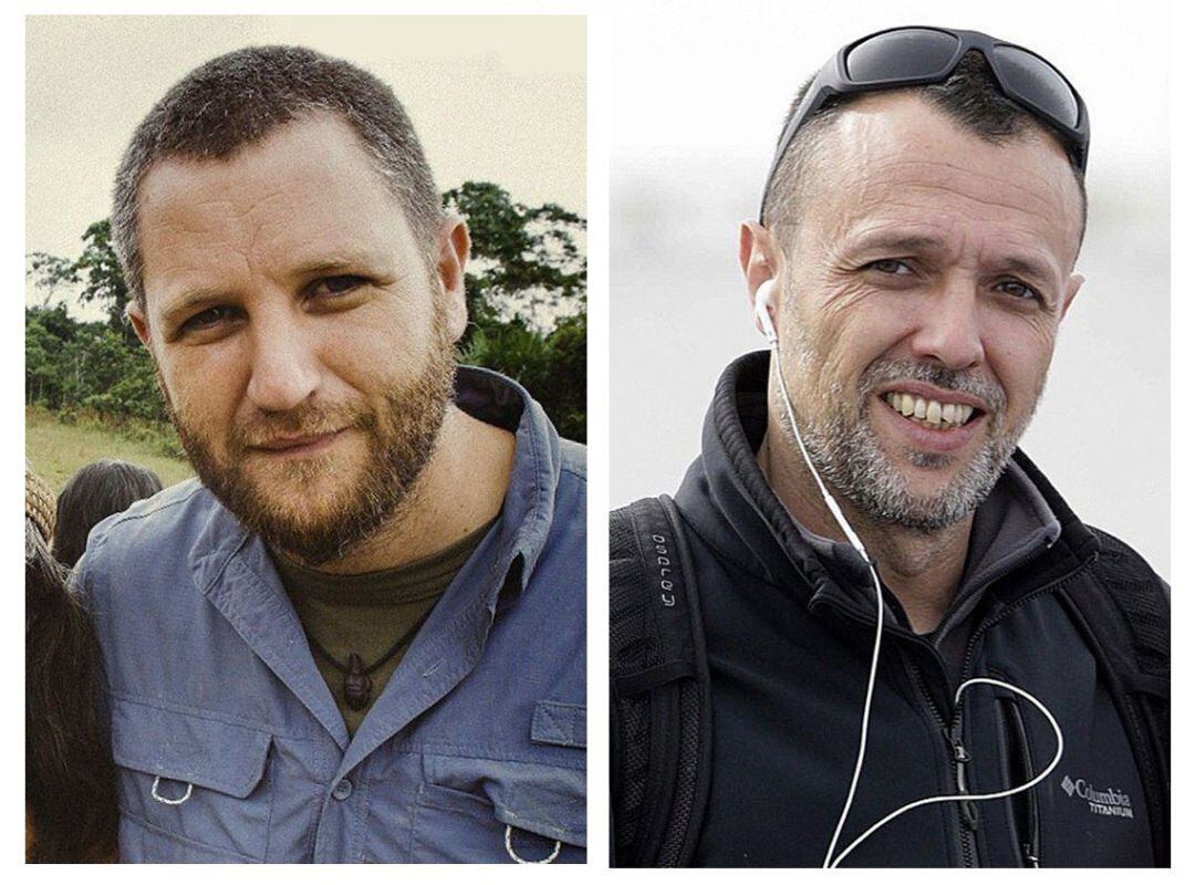 Combo de dos fotos que muestra a los periodistas españoles David Beriain (i) y Roberto Fraile, asesinados en Burkina Faso mientras grababan un documental sobre caza furtiva, uno de sus trabajos bajo la productora 93 metros, que también realizó el document