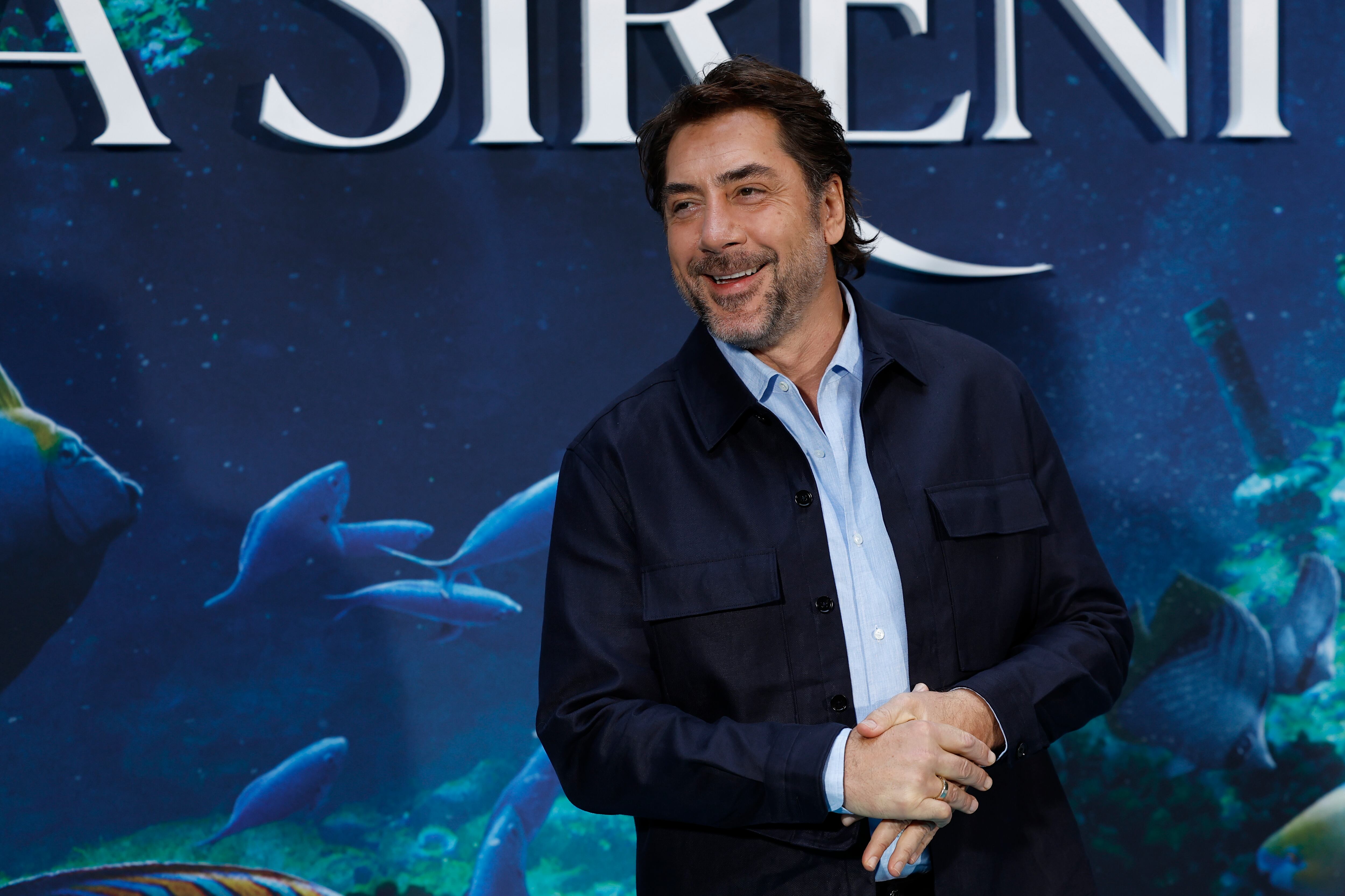 Javier Bardem, que interpreta al rey Tritón, durante la presentación de la nueva versión de &quot;La sirenita&quot; este jueves en  Madrid. EFE/ Chema Moya