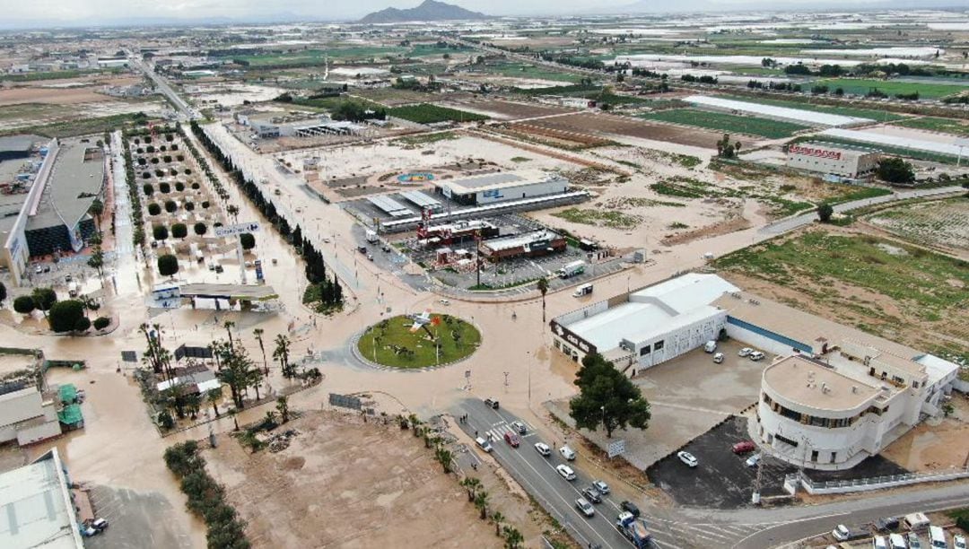 Inundación provocada por la borrasca Gloria en San Javier a vista de dron