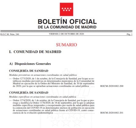 La orden de la Comunidad de Madrid con las medidas sanitarias.