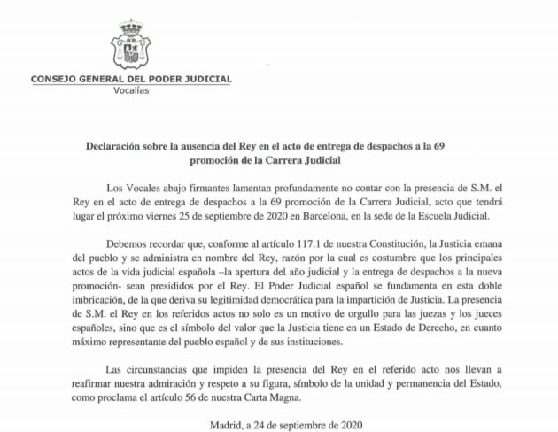 Declaración de seis de los 20 vocales del Poder Judicial sobre la ausencia del rey.