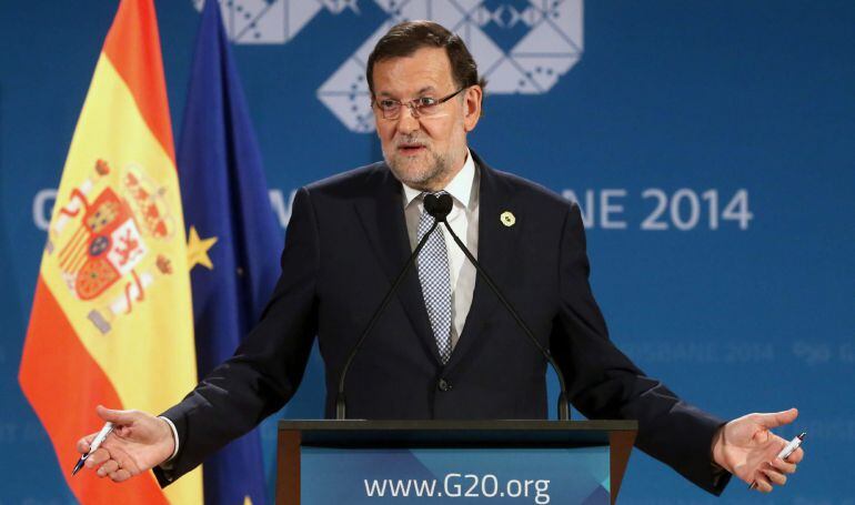 GRA003. BRISBANE (AUSTRALIA), 16/11/2014.- El presidente del Gobierno español, Mariano Rajoy, durante la rueda de prensa que ha ofrecido hoy al término de la cumbre de los líderes del G20 celebrada en la ciudad australiana de Brisbane, en la que ha destac