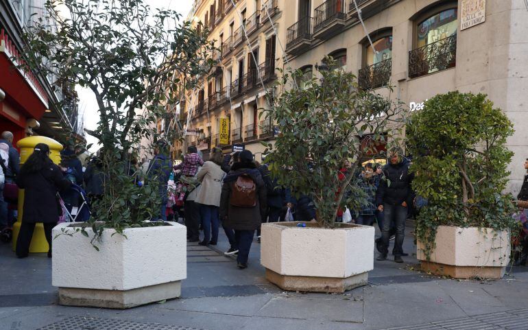 Varios de los grandes maceteros situados al final de la calle Preciados en Madrid. El Ayuntamiento de la capital ha comenzado esta mañana a instalar maceteros de grandes dimensiones en los accesos y calles que desembocan en la Puerta del Sol, como parte d