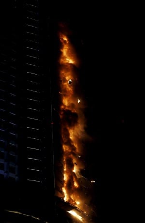 A fire engulfs The Address Hotel in downtown Dubai in the United Arab Emirates December 31, 2015. REUTERS/Ahmed Jadallah