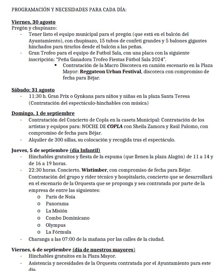 Detalle del pliego de las fiestas de Béjar 2024. Parte 1