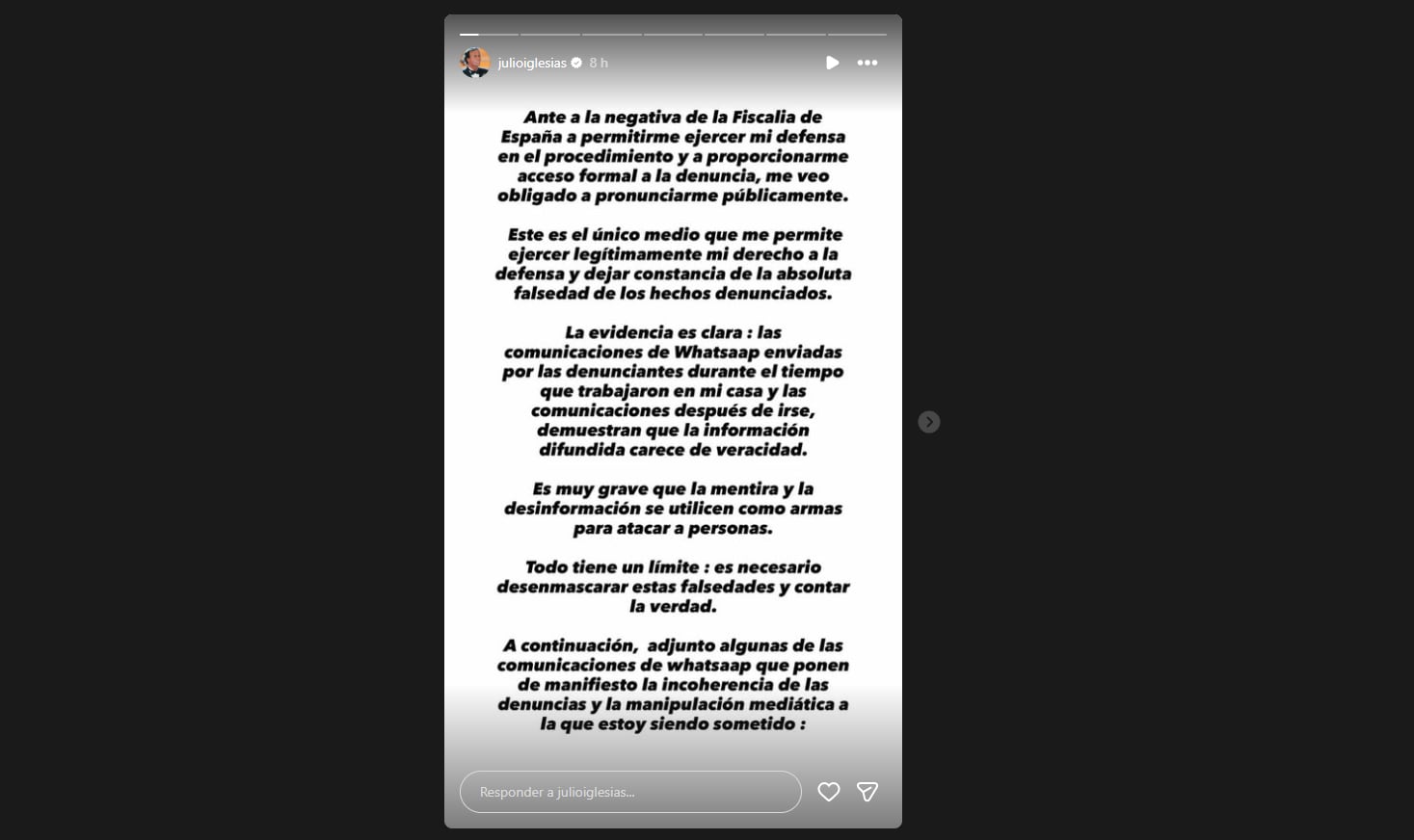 Comunicado de Julio Iglesias en sus redes sociales / Instagram @julioiglesias