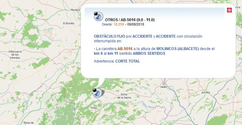 La Dirección General de Tráfico informe del corte de la vía