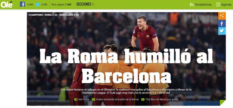 Portada de la edición digital del diario argentino 'Olé'