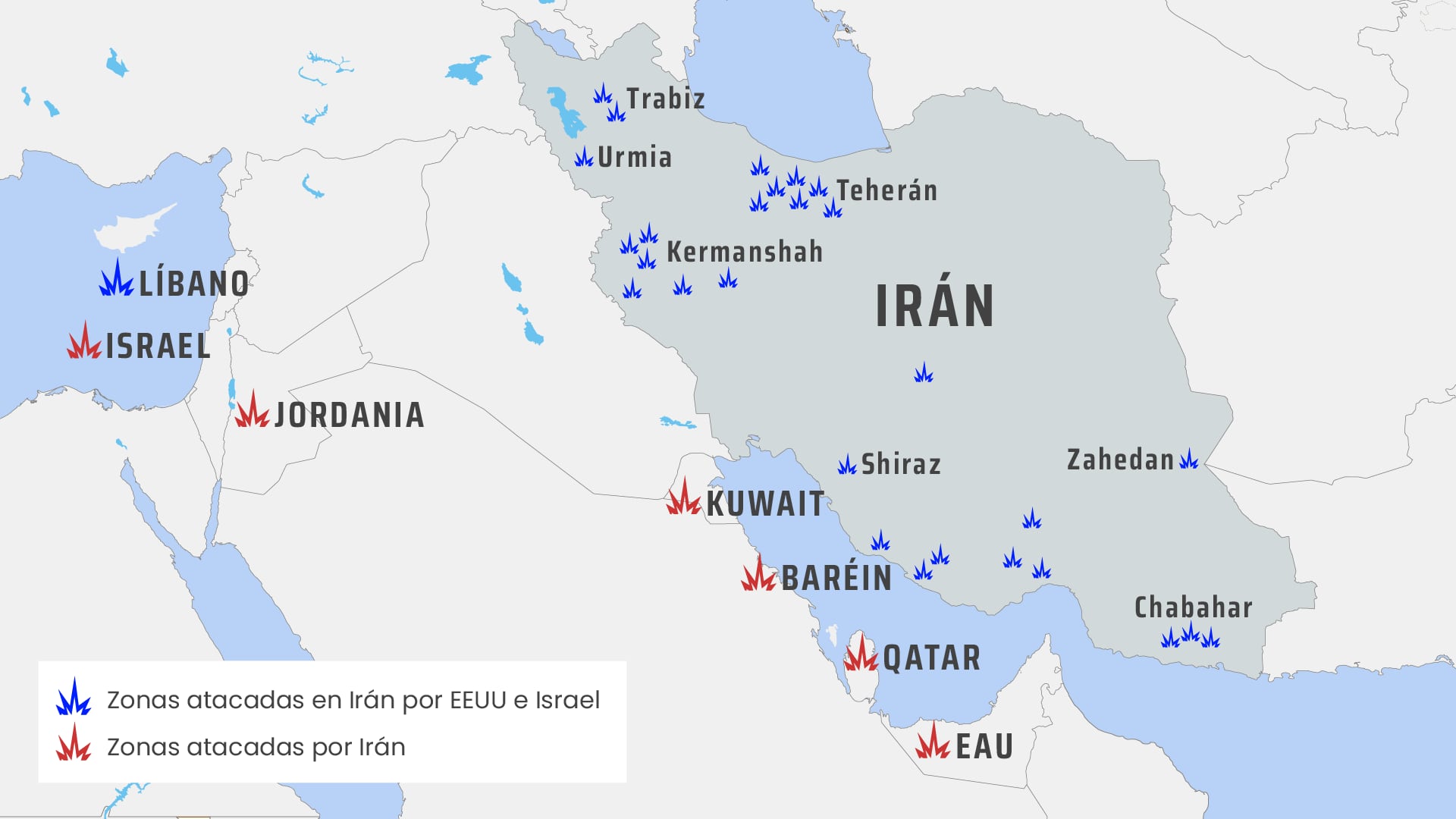El mapa de la guerra: ¿Qué zonas han sido atacadas en Irán y en otros países de Oriente Próximo?