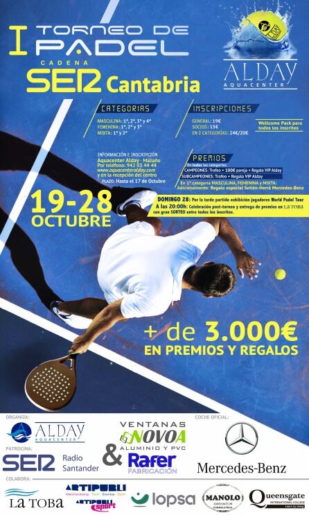 Cartel promocional del I Torneo de Pádel Cadena SER Cantabria organizado por Aquacenter Alday.