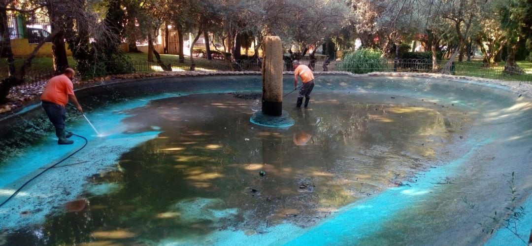 Operarios limpiando el contaminado estanque del Parque de los Olivos de Algete