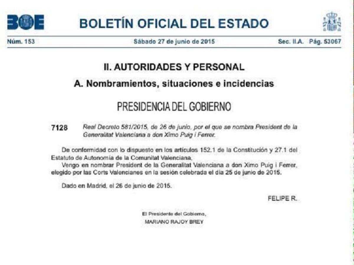 El BOE publica el nombramiento de Puig como presidente