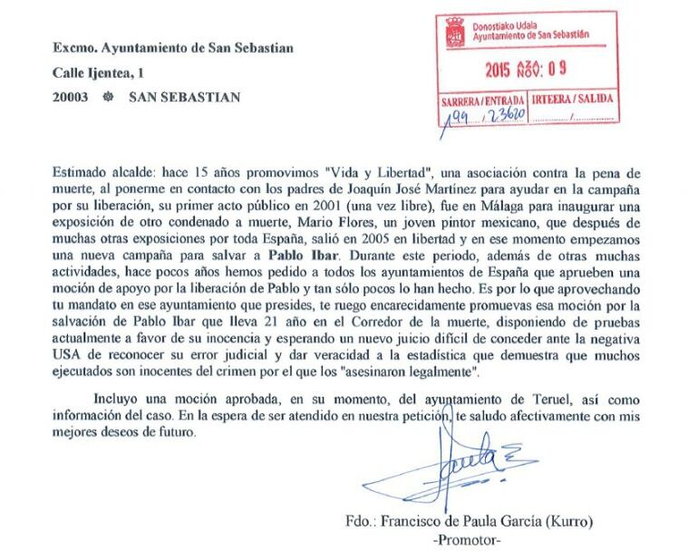 Extracto de la moción para pedir la liberación de Pablo Ibar registrada en el Ayuntamiento de San Sebastián. 