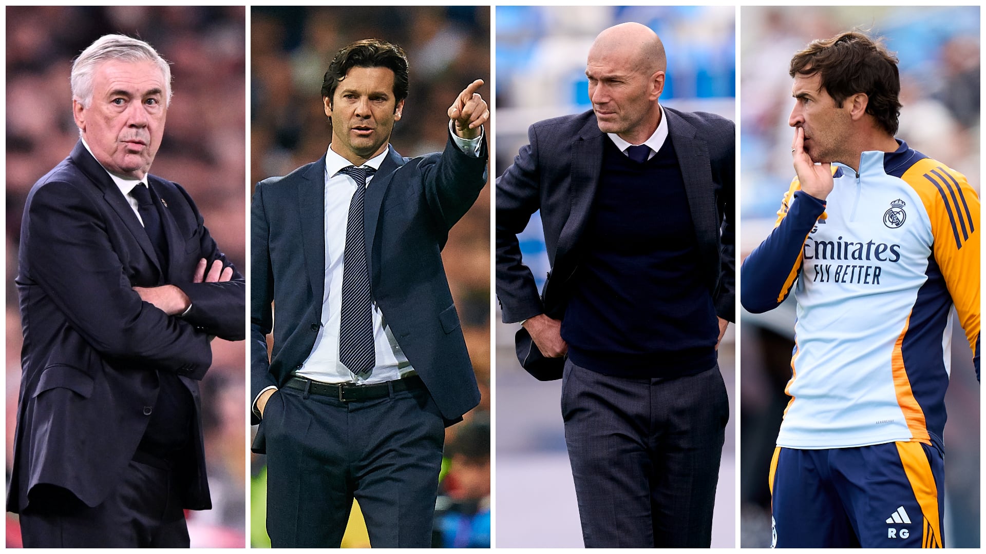 Carlo Ancelotti, Santiago Solari, Zinedine Zidane y Raúl González