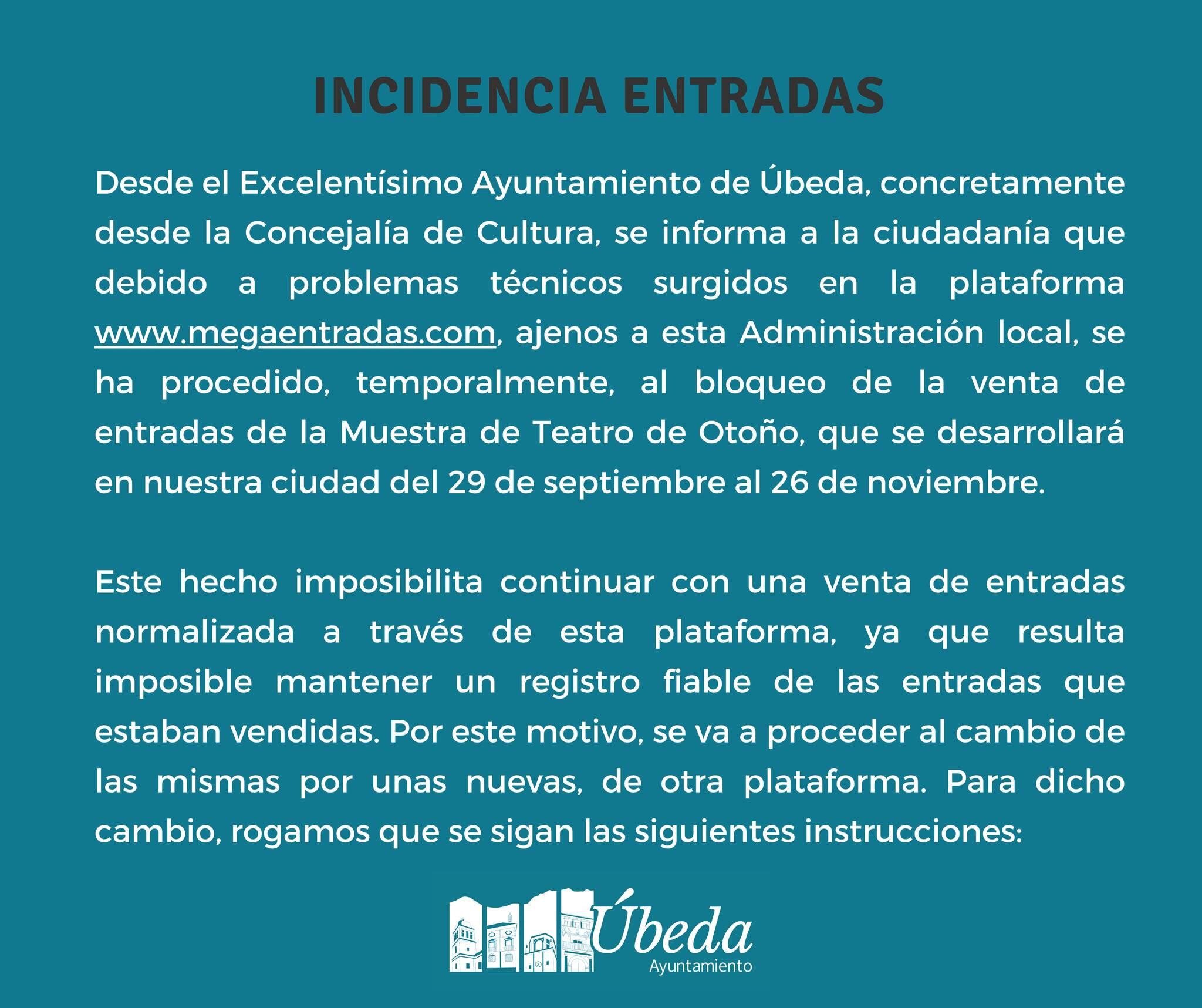 Comunicado de la incidencia en la venta de entradas