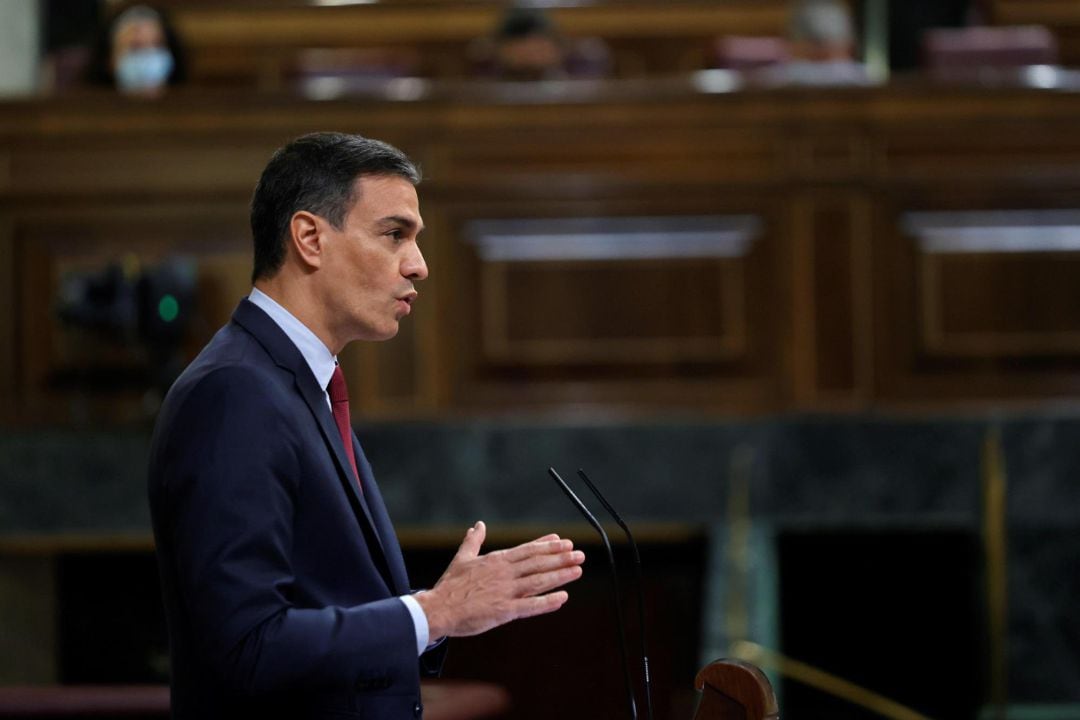 El presidente del Gobierno, Pedro Sánchez, durante su intervención en el Congreso. 