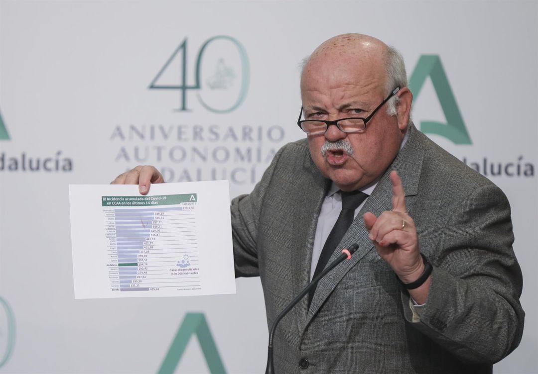 El consejero de Salud y Familias, Jesús Aguirre; durante su intervención en rueda de prensa 