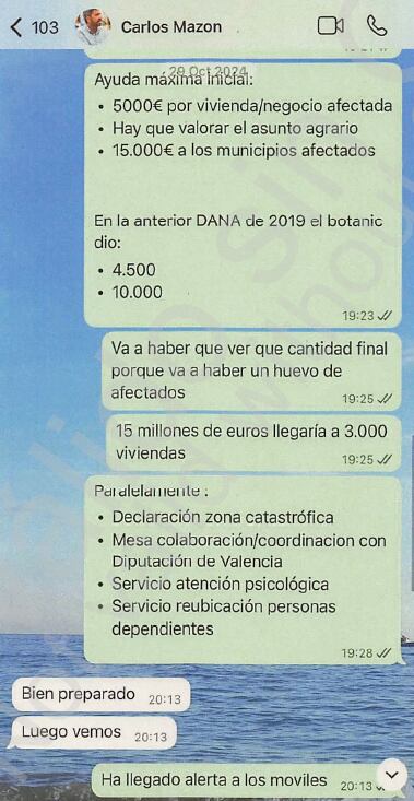 Whatsapp de Cayetano García a Carlos Mazón el día de la DANA