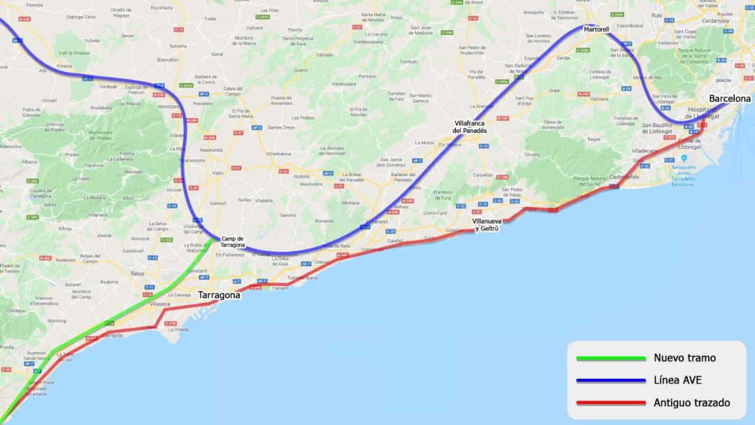 Plano del nuevo trazado de Euromed con la variante de Vandellòs y línea AVE