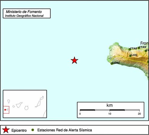 Representación gráfica del terremoto de 4,9 grados vivido este domingo en la isla del Hierro, el más fuerte desde que comenzaron los seísmos en 2011.