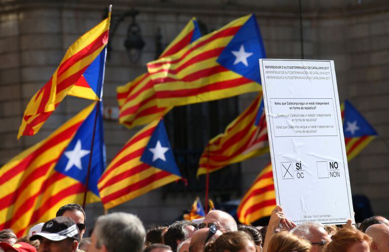 Manifestantes portando esteladas durante una concentración.