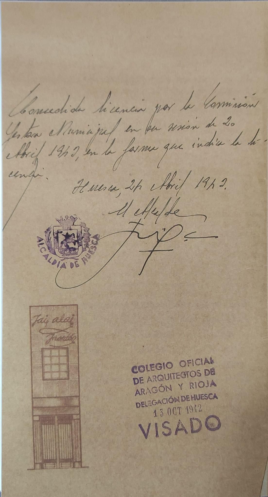 Licencia del Jai Alai de Huesca del año 1942