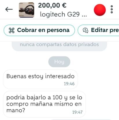 El inicio de la conversación entre el comprador y el vendedor en Wallapop