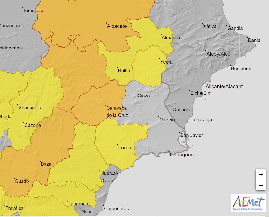 Aviso naranja por lluvias de hasta 30 litros por m2 en el Noroeste y amarillo en Altiplano y Guadalentín